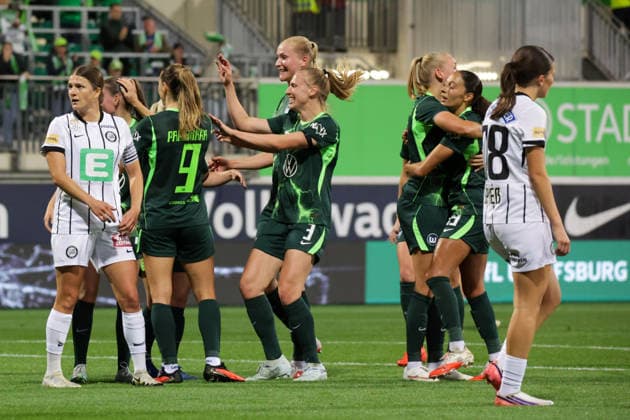 September 23, 2026, xgrfx, Soccer, UEFA Women s Europa Cup, VfL Wolfsburg vs. SK Sturm Graz, Smilla Vallotto scores the 3-0 goal for VfL Wolfsburg at AOK Stadium