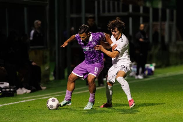 Sejdo Durakov 11, FC Ingolstadt 04, and David Ziegler 35, TSV Landsberg, during the match between TSV Landsberg and FC Ingolstadt 04, soccer, men s, Toto Cup, 2026–2027, Quarterfinals on September 23, 2026, in Landsberg am Lech, Sportpark Bayern, Germany