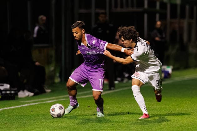 Sejdo Durakov 11, FC Ingolstadt 04, and David Ziegler 35, TSV Landsberg, during the match between TSV Landsberg and FC Ingolstadt 04, soccer, men s, Toto Cup, 2026–2027, Quarterfinals on September 23, 2026, in Landsberg am Lech, Sportpark Bayern, Germany