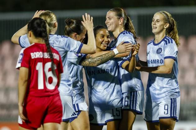 AMSTERDAM , 23-09-2026 , Sportcomplex De Toekomst , season 2026 2027 , UEFA Womens Europa Cup , Second qualifying round 1st leg , match between Ajax and WFC Aktobe (women) , picture shows goal celebration by Ajax players (4-0) Ajax - Aktobe (women)  x207463791x Copyright: