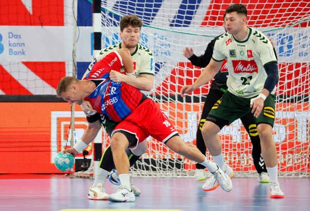 September 23, 2026, Germany, Bietigheim, DHB Handball Cup, 2026–2027 Season: SG BBM Bietigheim vs. GWD Minden; from left: Fabian Wiederstein (BBM), Philipp Vorlicek and Michalctik (GWD), Mika Laurin and Sajenev (GWD)