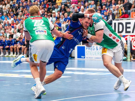 Merlin Fuss, HBW Balingen Weilstetten 13; Marian Michalczik, TSV Hannover Burgdorf 22; Justus Fischer, TSV Hannover Burgdorf 54, HBW Balingen Weilstetten vs. TSV Hannover Burgdorf, Handball, DHB Cup, 2nd Round, 2026–2027 Season, September 23, 2026, HBW Balingen Weilstetten vs. TSV Hannover Burgdorf, Handball, DHB Cup, 2nd Round, 2026–2027 Season, September 23, 2026, Balingen Copyright: xEibner-Pressefoto FlorianxSchustx EP_FSU