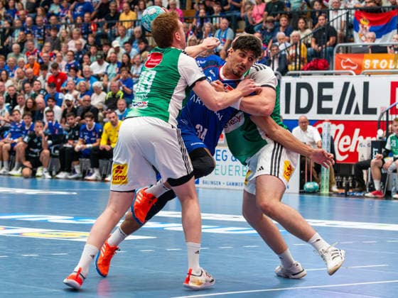 Yonatan Dayan, HBW Balingen Weilstetten 34; Lukas Stutzke, TSV Hannover Burgdorf 39; HBW Balingen Weilstetten vs. TSV Hannover Burgdorf, Handball, DHB Cup, 2nd Round, 2026–2027 Season, September 23, 2026, HBW Balingen Weilstetten vs. TSV Hannover Burgdorf, Handball, DHB Cup, Round 2, 2026–2027 Season, September 23, 2026, Balingen Copyright: xEibner-Pressefoto FlorianxSchustx EP_FSU