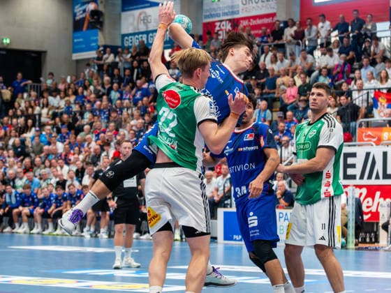 Magnus Grupe, HBW Balingen Weilstetten 8; Marian Michalczik, TSV Hannover Burgdorf 22; HBW Balingen Weilstetten vs. TSV Hannover Burgdorf, Handball, DHB Cup, Round 2, 2026–2027 Season, September 23, 2026, HBW Balingen Weilstetten vs. TSV Hannover Burgdorf, Handball, DHB Cup, Round 2, 2026–2027 Season, September 23, 2026, Balingen Copyright: xEibner-Pressefoto FlorianxSchustx EP_FSU