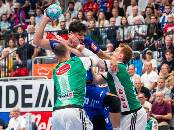 Yonatan Dayan, HBW Balingen Weilstetten, 34; Sebastian Heymann, TSV Hannover Burgdorf, 11; Lukas Stutzke, TSV Hannover Burgdorf, 39; HBW Balingen Weilstetten vs. TSV Hannover Burgdorf, Handball, DHB Cup, Round 2, 2026–2027 Season, September 23, 2026, HBW Balingen Weilstetten vs. TSV Hannover Burgdorf, Handball, DHB Cup, Round 2, 2026–2027 Season, September 23, 2026, Balingen Copyright: xEibner-Pressefoto FlorianxSchustx EP_FSU