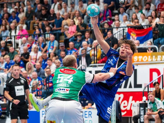 Elias Huber, HBW Balingen Weilstetten 7; Justus Fischer, TSV Hannover Burgdorf 54; HBW Balingen Weilstetten vs. TSV Hannover Burgdorf, Handball, DHB Cup, 2nd Round, 2026–2027 Season, September 23, 2026, HBW Balingen Weilstetten vs. TSV Hannover Burgdorf, Handball, DHB Cup, Round 2, 2026–2027 Season, September 23, 2026, Balingen Copyright: xEibner-Pressefoto FlorianxSchustx EP_FSU