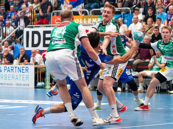 Justus Fischer, TSV Hannover Burgdorf 54, Yonatan Dayan, HBW Balingen Weilstetten 34, Lukas Stutzke, TSV Hannover Burgdorf 39, HBW Balingen Weilstetten vs. TSV Hannover Burgdorf, Handball, DHB Cup, Round 2, 2026–2027 Season, September 23, 2026, HBW Balingen Weilstetten vs. TSV Hannover Burgdorf, Handball, DHB Cup, Round 2, 2026–2027 Season, September 23, 2026, Balingen Copyright: xEibner-Pressefoto FlorianxSchustx EP_FSU