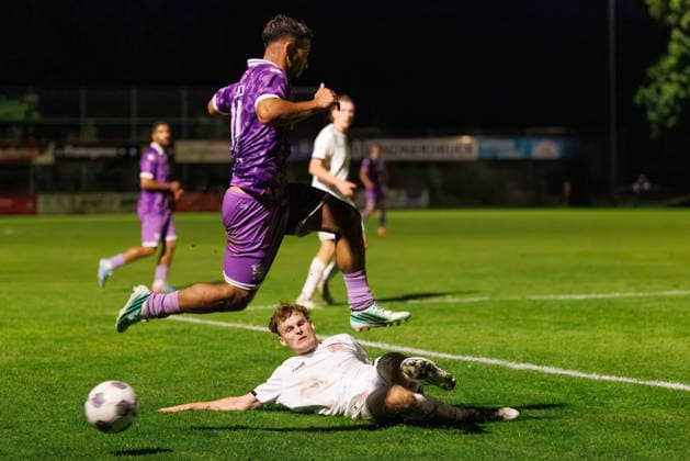 Leon Bucher (20), TSV Landsberg, and Sejdo Durakov (11), FC Ingolstadt 04, during the match between TSV Landsberg and FC Ingolstadt 04, soccer, men s, Toto Cup, 2026–2027, Quarterfinals on September 23, 2026, in Landsberg am Lech, Sportpark Bayern, Germany