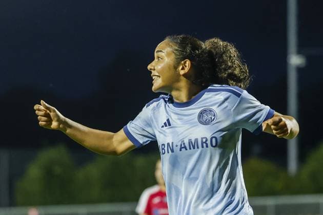 AMSTERDAM , 23-09-2026 , Sportcomplex De Toekomst , season 2026 2027 , UEFA Womens Europa Cup , Second qualifying round 1st leg , match between Ajax and WFC Aktobe (women) , picture shows goal celebration by Ajax player Ella Touon (5-0) Ajax - Aktobe (women)  x207464093x Copyright: