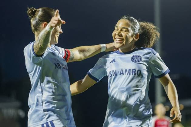 AMSTERDAM , 23-09-2026 , Sportcomplex De Toekomst , season 2026 2027 , UEFA Womens Europa Cup , Second qualifying round 1st leg , match between Ajax and WFC Aktobe (women) , picture shows goal celebration by Ajax player Ella Touon and Ajax player Sherida Spitse (5-0) Ajax - Aktobe (women)  x207464095x Copyright: