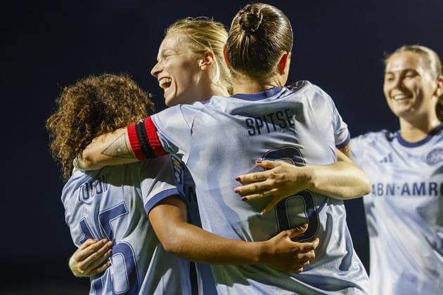 AMSTERDAM , 23-09-2026 , Sportcomplex De Toekomst , season 2026 2027 , UEFA Womens Europa Cup , Second qualifying round 1st leg , match between Ajax and WFC Aktobe (women) , picture shows goal celebration by Ajax players (5-0) Ajax - Aktobe (women)  x207464096x Copyright: