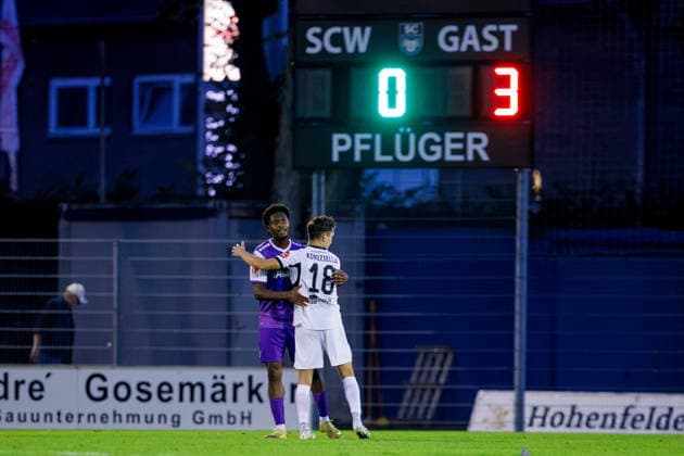 September 23, 2026, xkwix, soccer, exhibition match, SC Wiedenbrück vs. VfL Osnabrück, Jahnstadion, exhibition match, 2026–2027 season: Timo Arnold Kondziella (SC Wiedenbrück, 18) and Tony Rudy Lesueur (VfL Osnabrück, 23) embrace after the final whistle. DFB regulations prohibit any use of photographs as image sequences and or quasi-video. Photo: xKamilxWilkowskixPressefotoKochx North Rhine-Westphalia, Germany