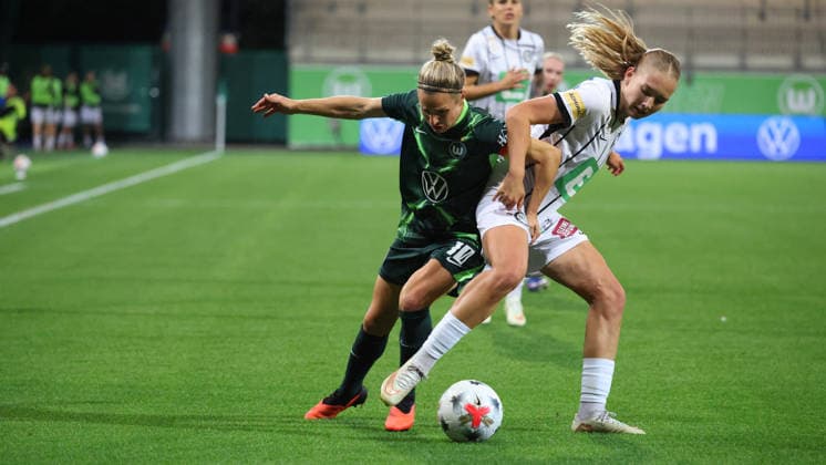 VfL vs. Graz, Women s Europa League Qualifiers, Wolfsburg, September 23, 2026, Soccer, Women, VfL Wolfsburg vs. SK Sturm Graz, UEFA Women s Europa League Qualifiers, Round 2, 2026–2027 Season, Svenja Huth, VfL Wolfsburg, Lena Breznik, Graz, AOK Stadium, Lower Saxony, Germany
