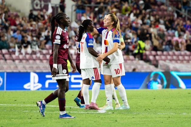 GENEVA, SWITZERLAND, SEPTEMBER 23 : Ines Benyahia of OL Lyonnes celebrates with teammates after scoring her team s eighth goal during the UEFA Women s Champions League 2026 27 League Phase MD1 between Servette FC Chênois féminin and OL Lyonnes at Stade de Genève on September 23, 2026 in Geneva, Switzerland. Copyright: xPaulinexFIGUETx xSPPx Sportspressphoto_SPR237765