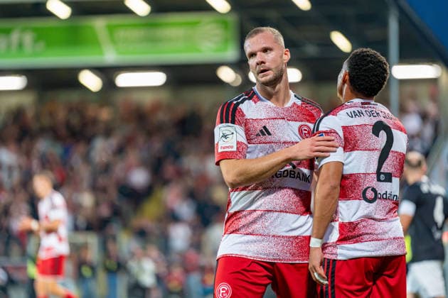Eric Hottmann celebrates a goal for Fortuna Düsseldorf, 9 minutes after the 2-0 goal by Steven van der Sloot for Fortuna Düsseldorf, 2. Fortuna Düsseldorf vs. Schwarz Weiss Alstaden, soccer, Lower Rhine Cup, 2nd round, 2026–27 season, September 23, 2026, DFL regulations prohibit any use of photographs as image sequences and or quasi-video. Fortuna Düsseldorf vs. Schwarz-Weiss Alstaden, soccer, Lower Rhine Cup, 2nd round, 2026–27 season, September 23, 2026, Düsseldorf Copyright: xEibner-Pressefoto LukasxBaldygax EP_LBA