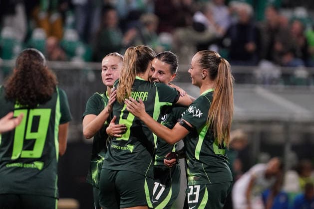 Germany Soccer UEFA Women s Europa Cup 2026–2027, Qualifying Round 2, First Leg: VfL Wolfsburg vs. SK Sturm Graz at AOK Stadium Wolfsburg—Goal and goal celebration by Katharina Piljic of VfL Wolfsburg Women, 17 Copyright: xAymanxAlahmedx