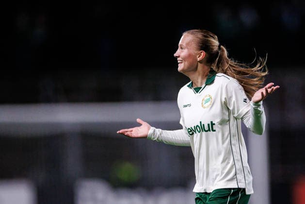 September 23, 2026: Fanny Peterson of Hammarby celebrates after scoring the 2-0 goal during the UEFA Women’s Europa Cup soccer match between Hammarby and Rangers FC on September 23, 2026 in Stockholm. Photo by Kenta Jönsson, BILDBYRAN COP 210 KJ0378 soccer football fotball European Cup Hammarby Rangers FC UEFA Women’s Europa League women’s soccer celebration  Copyright: KENTAxJÖNSSON BB260923KJ039