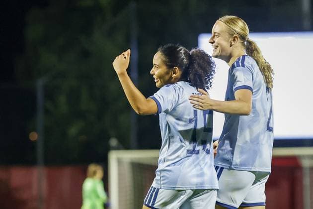 AMSTERDAM , 23-09-2026 , Sportcomplex De Toekomst , season 2026 2027 , UEFA Womens Europa Cup , Second qualifying round 1st leg , match between Ajax and WFC Aktobe (women) , picture shows goal celebration by Ajax player Ella Touon Ajax - Aktobe (women)  x207464898x Copyright: