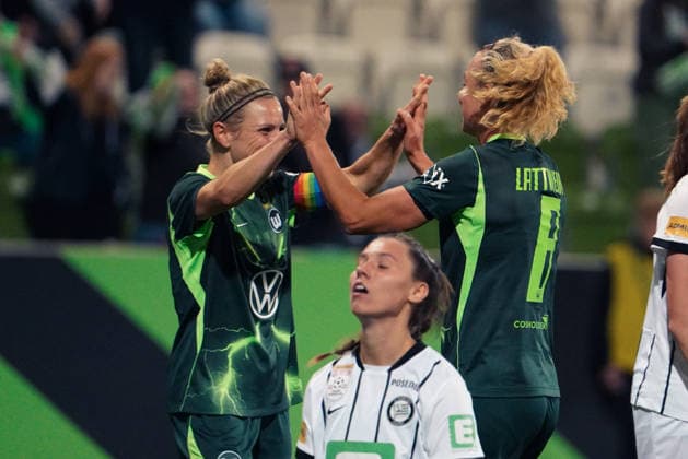 Germany Soccer UEFA Women s Europa Cup 2026–2027, Qualifying Round 2, First Leg: VfL Wolfsburg vs. SK Sturm Graz at AOK Stadium Wolfsburg—Goal and goal celebration by Lena Lattwein (VfL Wolfsburg Women), 8; Svenja Huth (VfL Wolfsburg Women), 10 Copyright: xAymanxAlahmedx