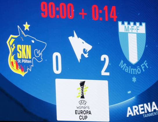 SOCCER - WEC, St.Poelten vs Malmoe SANKT POELTEN,AUSTRIA,23.SEP.26 - SOCCER - UEFA Women s Europa Cup, qualification, SKN Sankt Poelten vs Malmoe FF. Image shows the scoreboard.  GEPAxpictures xWalterxLuger