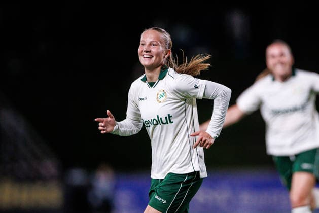 September 23, 2026: Fanny Peterson of Hammarby celebrates after scoring the 2-0 goal during the UEFA Women’s Europa Cup soccer match between Hammarby and Rangers FC on September 23, 2026 in Stockholm. Photo by Kenta Jönsson, BILDBYRAN COP 210 KJ0378 soccer football fotball European Cup Hammarby Rangers FC UEFA Women’s Europa Cup women’s soccer celebration  Copyright: KENTAxJÖNSSON BB260923KJ040