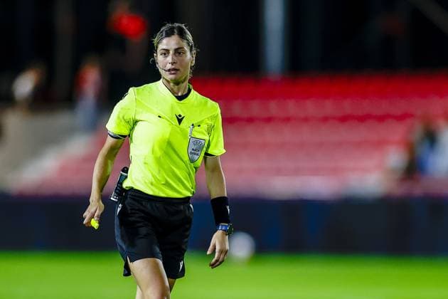 EINDHOVEN , 23-09-2026 , Ten Cate stadium De Herdgang , season 2026 2027 , UEFA Women™s Europa Cup , football , match between PSV and Fortuna Hjorring , picture shows referee Martina Molinaro PSV - Fortuna Hjorring  x207465157x Copyright: