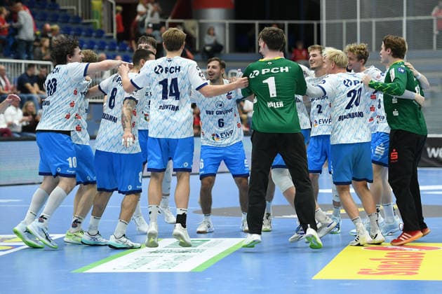 Men s DHB Handball Cup, 2nd Round: TuSEM Essen 1 vs. VfL Potsdam on September 23, 2026, at Sportpark Am Hallo in Essen. The VfL Potsdam Team 1 players celebrate their road victory. xRx