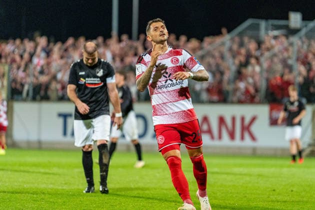 Matthias Zimmermann, Fortuna Düsseldorf, age 25, scoring the 6th goal; celebration during Fortuna Düsseldorf vs. Schwarz Weiss Alstaden, soccer, Lower Rhine Cup, 2nd round, 2026–27 season, September 23, 2026, DFL regulations prohibit any use of photographs as image sequences and or quasi-video. Fortuna Düsseldorf vs. Schwarz-Weiß Alstaden, soccer, Lower Rhine Cup, 2nd round, 2026–27 season, September 23, 2026, Düsseldorf Copyright: xEibner-Pressefoto LukasxBaldygax EP_LBA