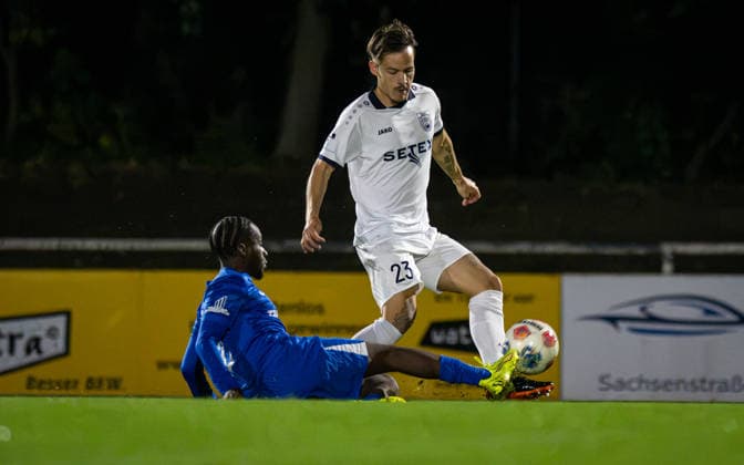 Soccer, 2026–2027 Season, Lower Rhine Cup, September 23, 2026, Round 2, Men’s, BW Dingden White vs. SF Baumberg Blue; Al Hassan Turay (SF Baumberg), Luis Jakob Blaswich (BW Dingden); Hamminkeln Sports Field, BW Dingden, Germany 260923_fb_bw-dingden_sf-baumberg_59155