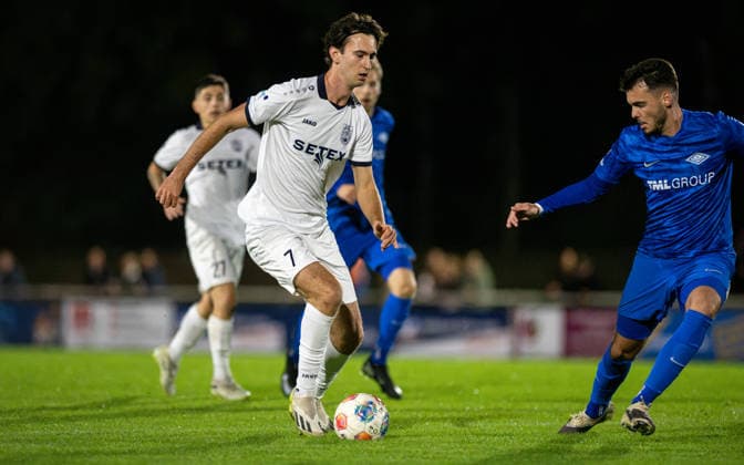 Soccer, 2026–2027 Season, Lower Rhine Cup, September 23, 2026, Round 2, Men’s Division, BW Dingden White vs. SF Baumberg Blue; from left: Max Mahn (BW Dingden), Enis Vila (SF Baumberg); Hamminkeln Sports Field, BW Dingden, Germany 260923_fb_bw-dingden_sf-baumberg_59165