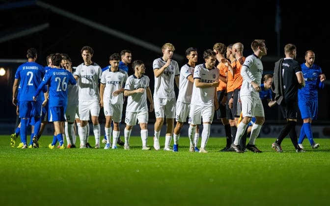 Soccer, 2026–2027 Season, Lower Rhine Cup, September 23, 2026, Round 2, Men’s, BW Dingden White vs. SF Baumberg Blue (from left): Sertan Yigenoglu (SF Baumberg), Millan Burovac (SF Baumberg), Luis Jakob Blaswich (BW Dingden), Max Mahn (BW Dingden), Noah Schulz (BW Dingden), Alejo Agustun Cerda (BW Dingden), Jannis Lamhardt (BW Dingden), Dardan Pepa (BW Dingden), Luka Grlic (BW Dingden), Hannes Goering (BW Dingden), Hamminkeln Sports Field, BW Dingden, Germany 260923_fb_bw-dingden_sf-baumberg_59150