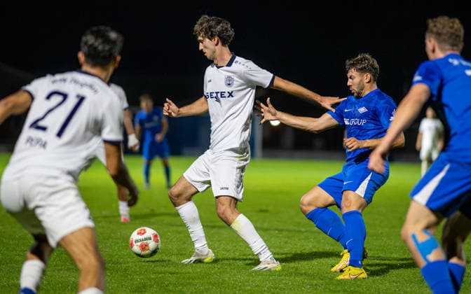 Soccer, 2026–2027 Season, Lower Rhine Cup, September 23, 2026, Round 2, Men’s, BW Dingden White vs. SF Baumberg Blue; from left: Max Mahn (BW Dingden), Felix Benedict Neuhaeuser (SF Baumberg), Hamminkeln Sports Field, BW Dingden, Germany 260923_fb_bw-dingden_sf-baumberg_59172