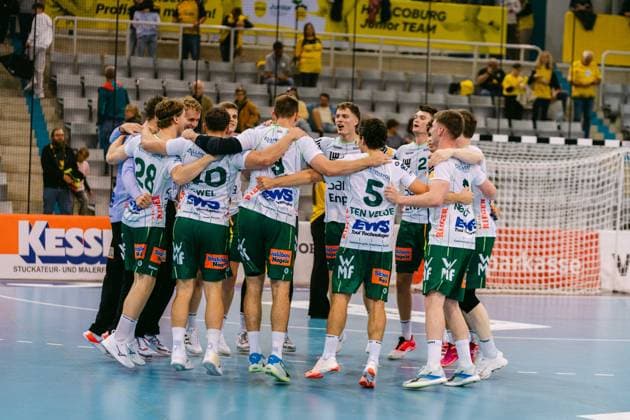 Celebrations at Göppingen Handball, DHB Men s Cup, 2026–2027 Season, Round 2, HSC 2000 Coburg vs. FRISCH AUF Göppingen, on September 23, 2026, at the HUK COBURG Arena in Coburg, Germany. For editorial use only. Handball, DHB Cup 2026–2027, HSC 2000 Coburg, FRISCH AUF Göppingen, Coburg Copyright: xEibner-Pressefotox EP_