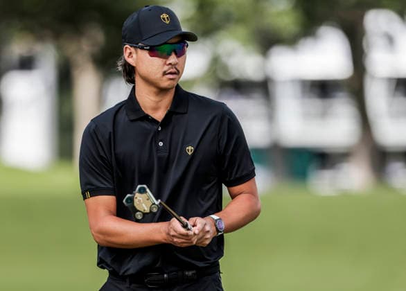International team member Min Woo Lee of Australia watches his putt on the fifteenth green during practice for the Presidents Cup golf tournament at Medinah Country Club in Medinah, Illinois on Wednesday, September 23, 2026. Competition between the USA and the International team begins on Thursday, September 24 with Four-Ball play.  MED20260923807 TANNENxMAURY