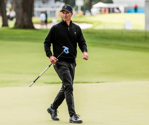 International team member Adam Scott of Australia walks across the fourteenth green during practice for the Presidents Cup golf tournament at Medinah Country Club in Medinah, Illinois on Wednesday, September 23, 2026. Competition between the USA and the International team begins on Thursday, September 24 with Four-Ball play.  MED20260923829 TANNENxMAURY