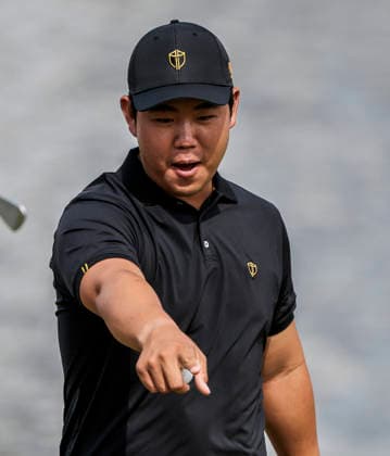 International team member Tom Kim of South Korea reacts on the sixteenth green during practice for the Presidents Cup golf tournament at Medinah Country Club in Medinah, Illinois on Wednesday, September 23, 2026. Competition between the USA and the International team begins on Thursday, September 24 with Four-Ball play.  MED20260923818 TANNENxMAURY