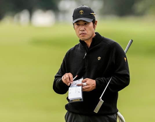 International team member Hideki Matsuyama of Japan looks over the fourteenth green during practice for the Presidents Cup golf tournament at Medinah Country Club in Medinah, Illinois on Wednesday, September 23, 2026. Competition between the USA and the International team begins on Thursday, September 24 with Four-Ball play.  MED20260923828 TANNENxMAURY
