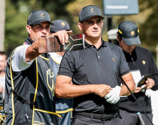 International team member Christiaan Bezuidenhout of South Africa (R) looks down the fifteenth fairway during practice for the Presidents Cup golf tournament at Medinah Country Club in Medinah, Illinois on Wednesday, September 23, 2026. Competition between the USA and the International team begins on Thursday, September 24 with Four-Ball play.  MED20260923830 TANNENxMAURY