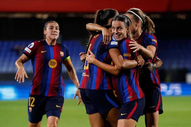 September 23, 2026, Sant Joan Despi, Barcelona, SPAIN: Clara Serrajordi of FC Barcelona, Barca celebrates a goal with teammates during the UEFA WomenÃ¢â‚¬â ¢s Champions League 2026 27 League Phase MD1, football match played between FC Barcelona and Paris FC at Johan Cruyff Stadium on September 23, 2026 in Sant Joan Despi, Spain. Sant Joan Despi SPAIN - ZUMAa181 20260923_zaa_a181_061 Copyright: xJavierxBorregox