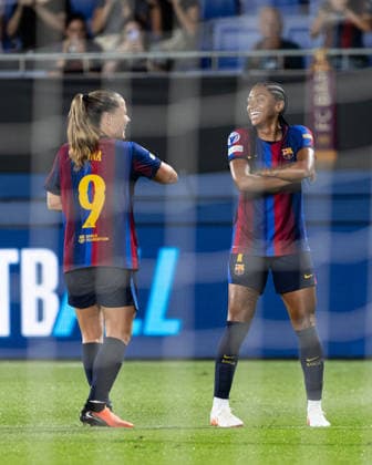 September 23, 2026, Sant Joan Despo, Catalonia, Spain: Kerolin Nicoli Israel Ferraz and his teammates of FC Barcelona, Barca celebrate a goal during the UEFA WomenÃ¢â‚¬â ¢s Champions League Matchday 1 match between FC Barcelona and Paris FC at Estadi Johan Cruyff in Sant Joan DespoÂ­, Barcelona, Spain. Sant Joan Despo Spain - ZUMAs316 20260923_znp_s316_036 Copyright: xMartixSeguraxRamonedax
