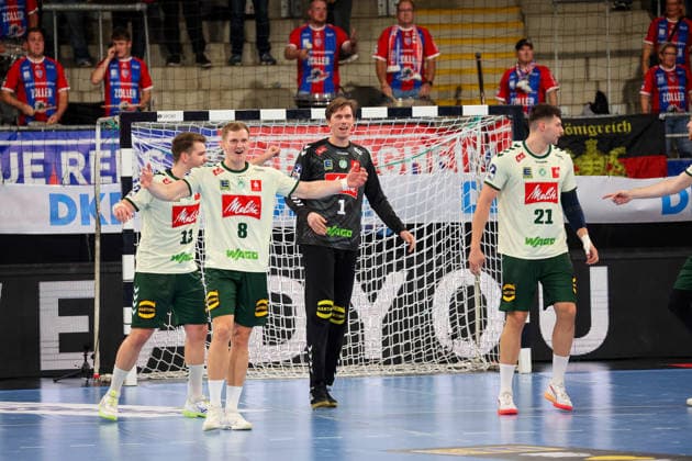 September 23, 2026, Germany, Bietigheim, DHB Handball Cup, 2026–2027 season: SG BBM Bietigheim vs. GWD Minden, Minden celebrates