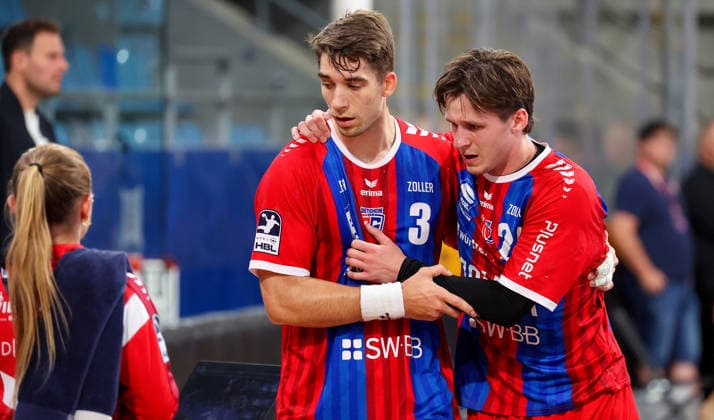 September 23, 2026, Germany, Bietigheim, DHB Handball Cup, 2026–2027 season: SG BBM Bietigheim vs. GWD Minden; from left: Nikola Vlahovic (BBM), Maxim Orlov (BBM)