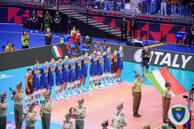 Team Italy during the quarter final match of the CEV Enel Eurovolley 2026, between Italy and Finland, at the Palavela in Turin, north west Italy - Wednesday, September 23, 2026. .  Copyright: xMarcoxAlpozzi LaPressex