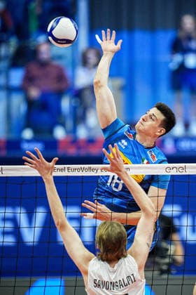 Italy™s Giovanni Sanguinetti and Finland s Severi Savonsalmi in action during the quarter final match of the CEV Enel Eurovolley 2026, between Italy and Finland, at the Palavela in Turin, north west Italy - Wednesday, September 23, 2026. .  Copyright: xMarcoxAlpozzi LaPressex
