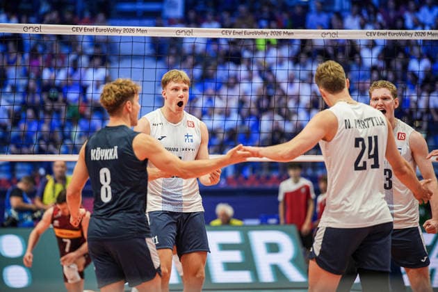Team Finland celebrate during the quarter final match of the CEV Enel Eurovolley 2026, between Italy and Finland, at the Palavela in Turin, north west Italy - Wednesday, September 23, 2026. .  Copyright: xMarcoxAlpozzi LaPressex