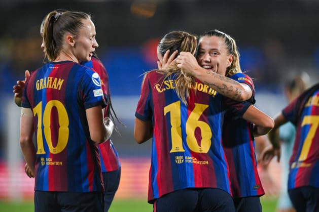 FC Barcelona, Barca v PARIS FC JOHAN CRUYFF STADIUM, BARCELONA. September 23,2026 FC BARCELONA vs Paris Football Club September 23,2026 C. Serrajordi (16) of FC Barcelona celebrates scoring his team s second goal with teammates during the soccer match corresponding to the first day of the UEFA Women s Champions League between FC Barcelona and Paris FC at Johan Cruyff Stadium in Barcelona, Spain, on September 23, 2026. Barcelona ESP Copyright: xS.xRosx