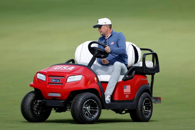 MEDINAH, IL - SEPTEMBER 23: Assistant captain Keegan Bradley of the United States drives his cart in the fairway at the second hole prior to the Presidents Cup 2026 on September 23, 2026 at Medinah Country Club in Medinah, Illinois. (Photo by Joe Robbins Icon Sportswire) GOLF: SEP 23 Presidents Cup EDITORIAL USE ONLY Icon573260923006
