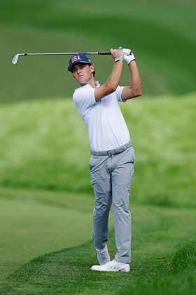 MEDINAH, IL - SEPTEMBER 23: Jackson Koivun of the United States plays from the rough at the first hole prior to the Presidents Cup 2026 on September 23, 2026 at Medinah Country Club in Medinah, Illinois. (Photo by Joe Robbins Icon Sportswire) GOLF: SEP 23 Presidents Cup EDITORIAL USE ONLY Icon573260923002