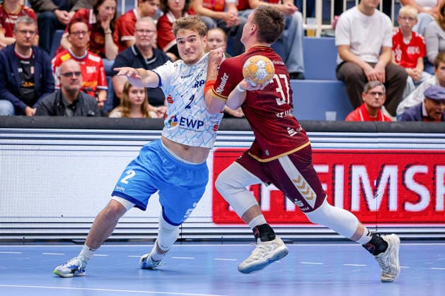 September 23, 2026, Round 2 of the DHB Cup: TuSEM Essen 1, VfL Potsdam; Florian Budde of VfL Potsdam 02 in a duel against Max Neuhaus of TuSEM Essen; 37, NRW, Germany