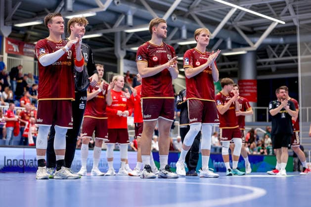 September 23, 2026, 2nd Round of the DHB Cup, TuSEM Essen 1 VfL Potsdam Disappointed faces after Essen’s loss to Potsdam Max Neuhaus TUSEM Essen 37 Finn Knaack TUSEM Essen 12 Alexander Schoss TUSEM Essen 91 Finley Werschkull TUSEM Essen 73 disappointed Disappointment NRW Germany